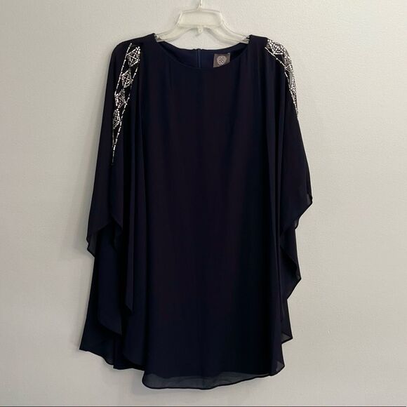 VINCE CAMUTO Navy Embellished Caped Crew Neck Evening Shift Dress - Picture 5 of 13